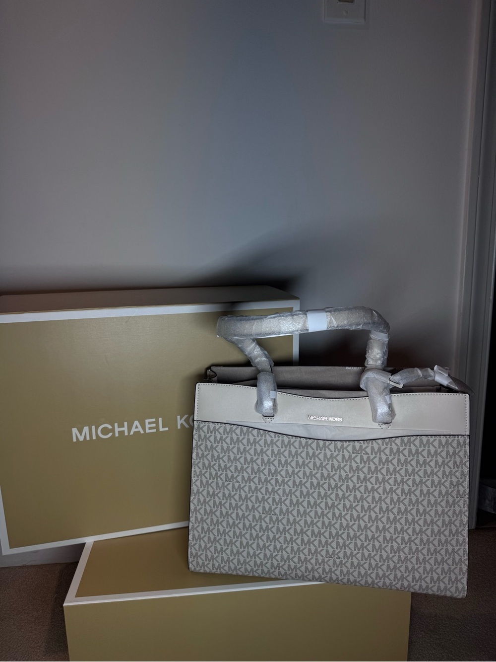 Michael Kors Light Beige MK Logo Tote with Cream Trim